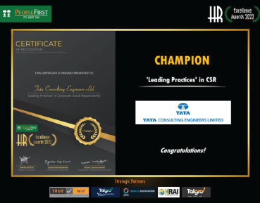 Tata Consulting Engineers awarded Champion in 'Leading Practices' in Corporate Social Responsibility Category.